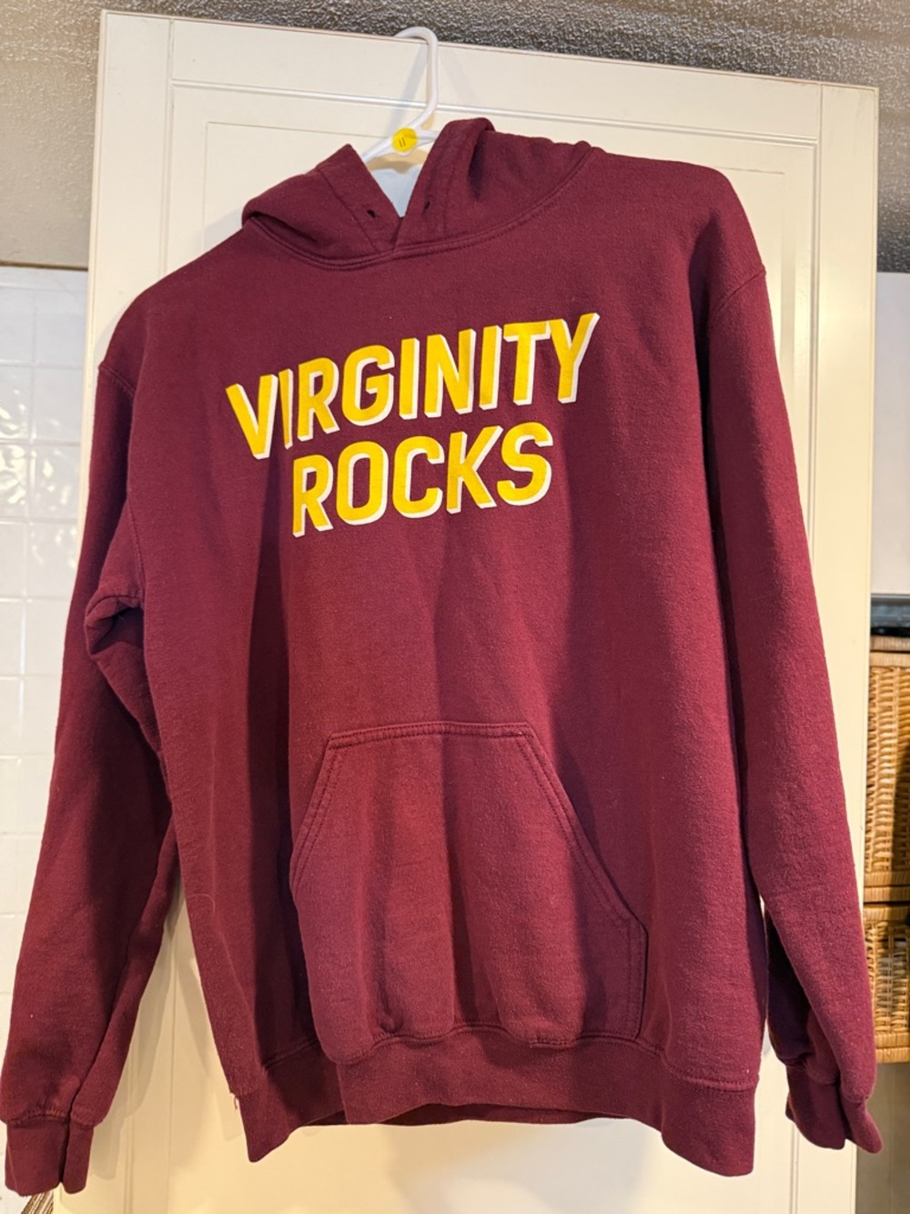 Danny Duncan Maroon Hoodie with Yellow 'VIRGINITY ROCKS' Text size small 3:30